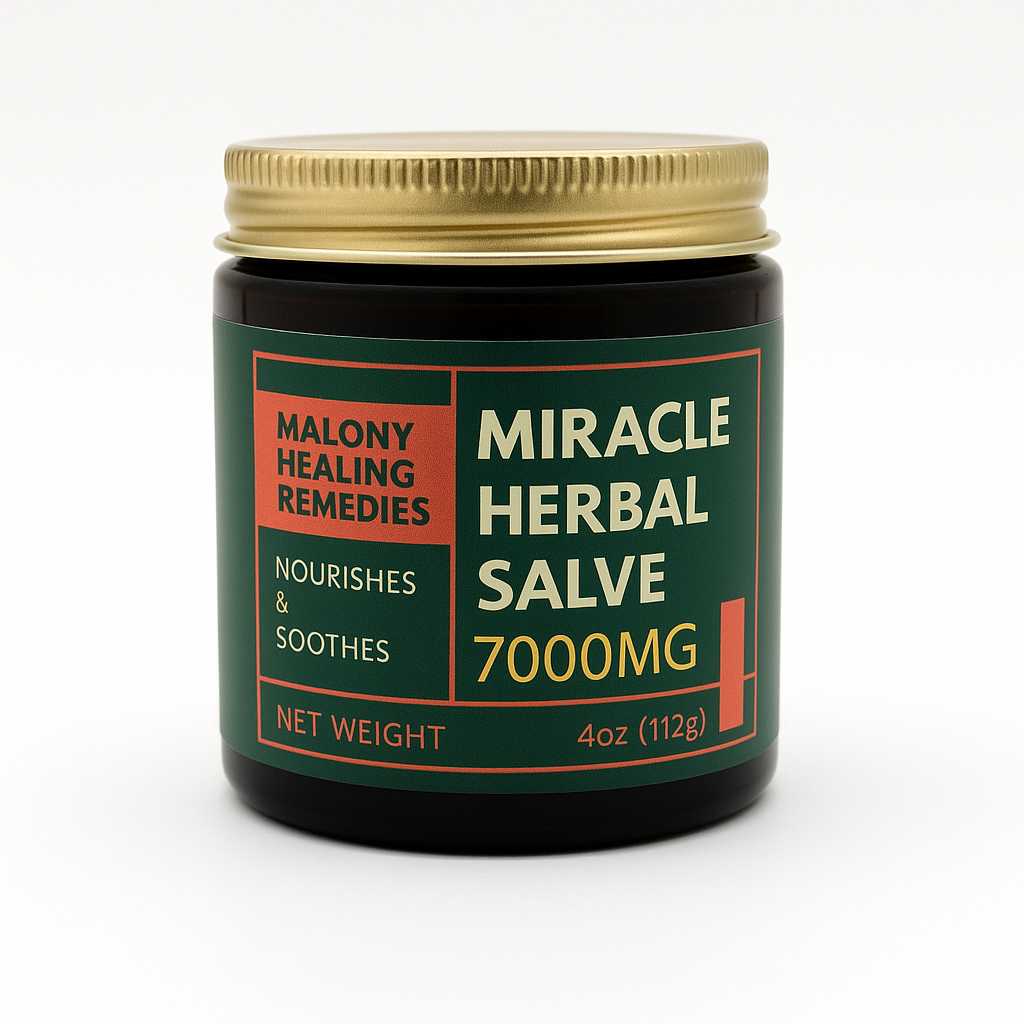 Front-facing image of Maloney Healing Remedies Miracle Herbal Salve, 7000mg in a 4oz (112g) dark amber jar with a gold lid and green label showing product name and benefits
