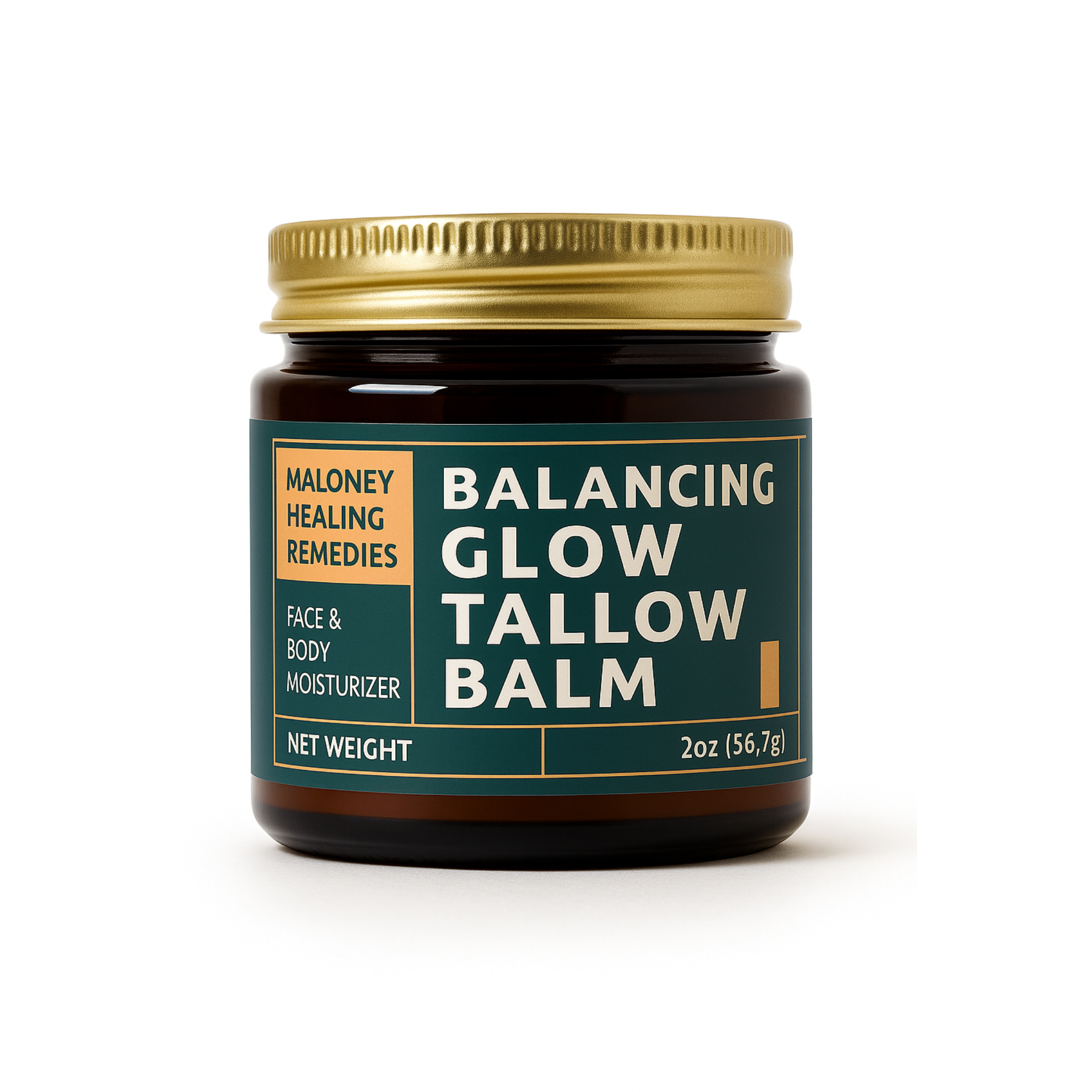 Front-facing image of Maloney Healing Remedies Balancing Glow Tallow Balm in an amber glass jar with a gold lid and clear teal label; an all-natural beef tallow moisturizer for face and body, designed to support balanced, radiant skin.