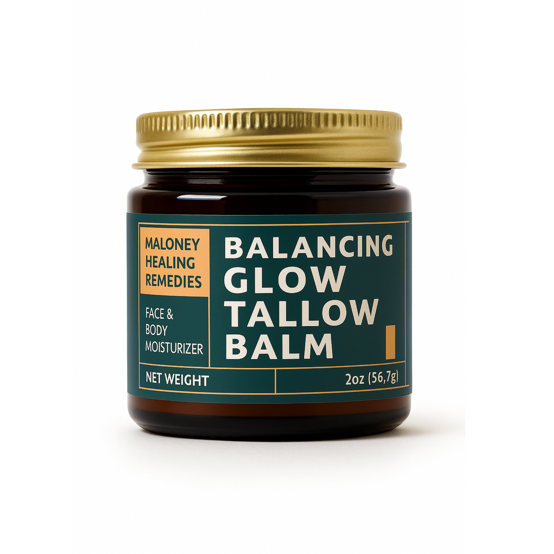 Front-facing image of Maloney Healing Remedies Balancing Glow Tallow Balm in an amber glass jar with a gold lid and clear teal label; an all-natural beef tallow moisturizer for face and body, designed to support balanced, radiant skin.