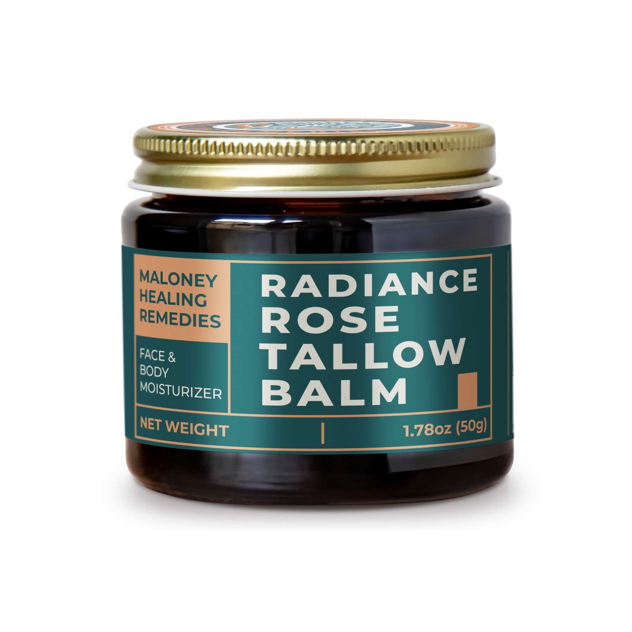 Amber-colored glass jar of Radiance Rose Tallow Balm by Maloney Healing Remedies, a grass-fed beef tallow moisturizer for face and body, 1.78oz (50g).