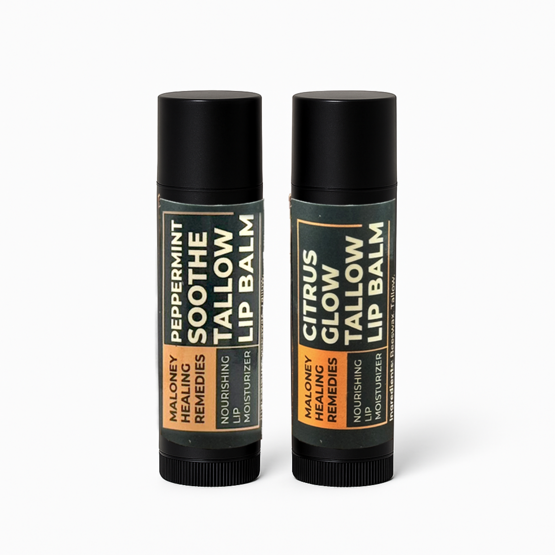 Two tubes of Maloney Healing Remedies beef tallow lip balm, shown upright on a white background, labeled Citrus Glow and Peppermint Soothe, designed for nourishing and moisturizing lips naturally.