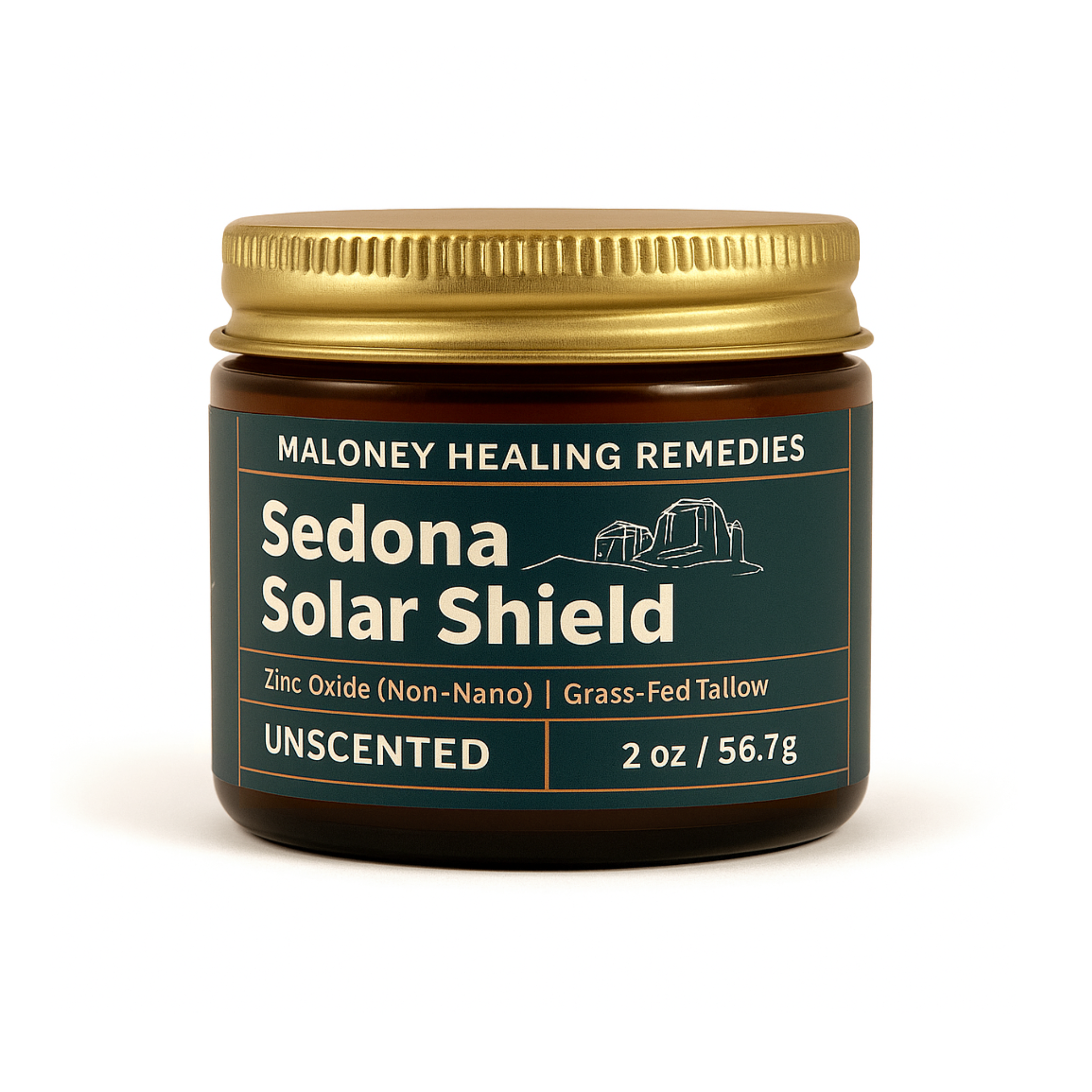 Front-facing image of Maloney Healing Remedies Sedona Solar Shield in an amber glass jar with gold metal lid and teal label, highlighting ingredients such as non-nano zinc oxide and grass-fed tallow for broad-spectrum sun protection.