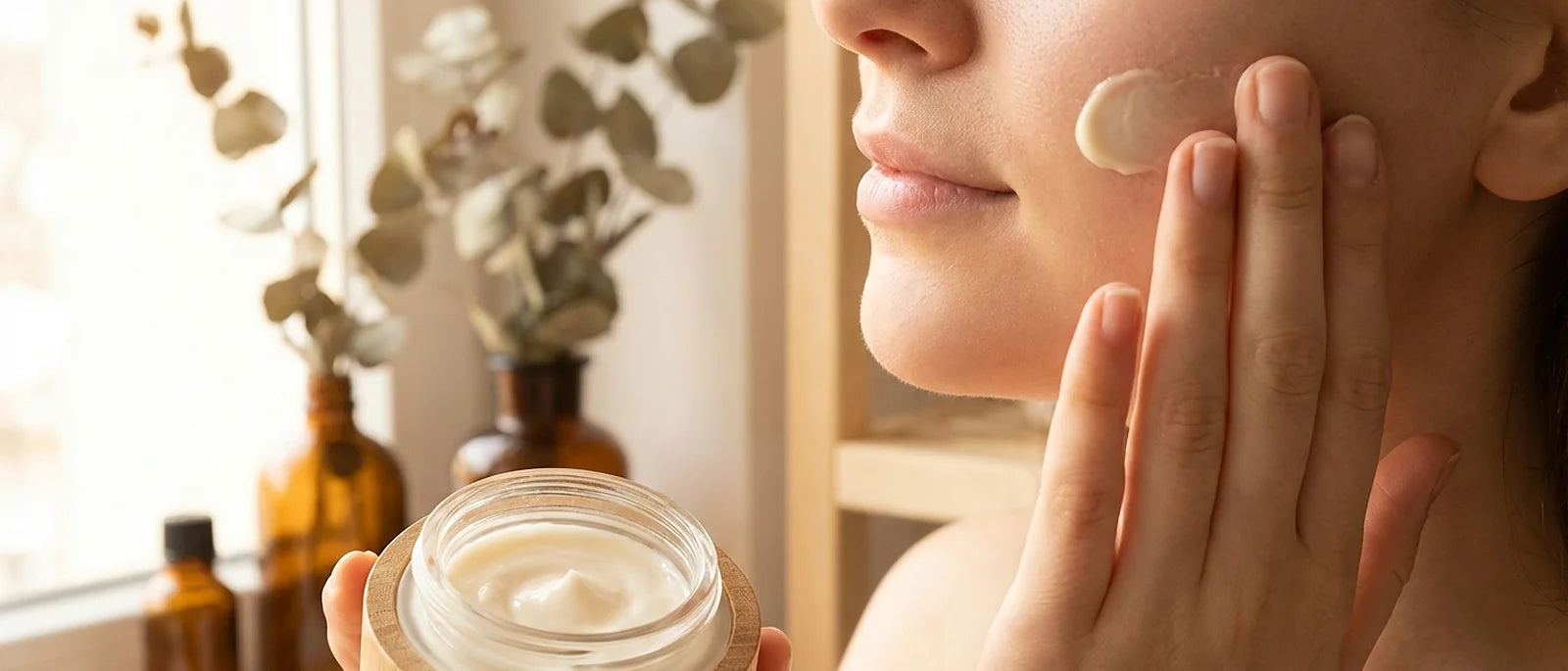 Close-up of smooth, healthy facial skin showing improved texture with natural skincare application