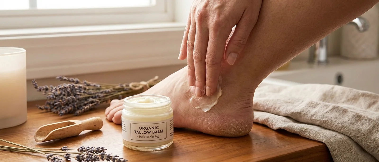 Natural tallow balm being applied to dry heel for intensive body care and skin restoration