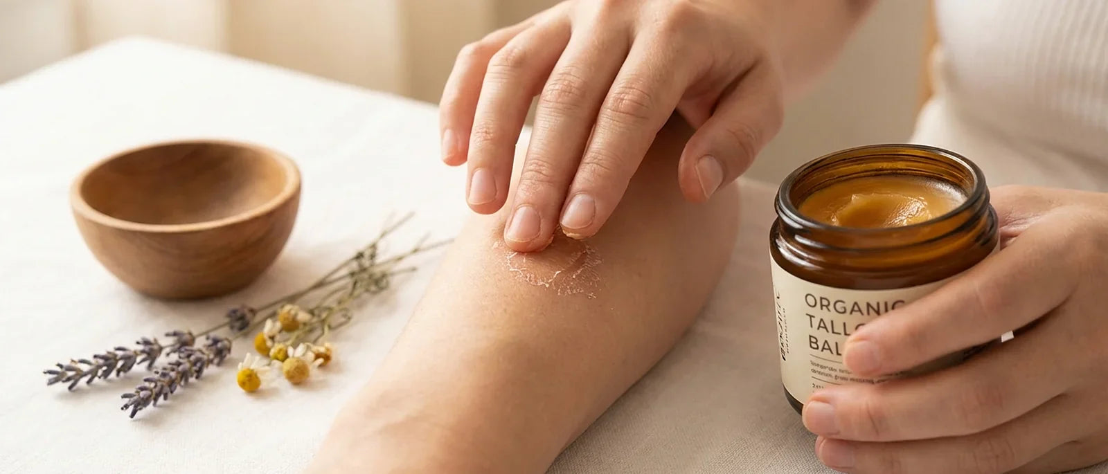 Natural tallow balm being applied to dry, irritated skin showing gentle relief for eczema and inflammatory skin conditions
