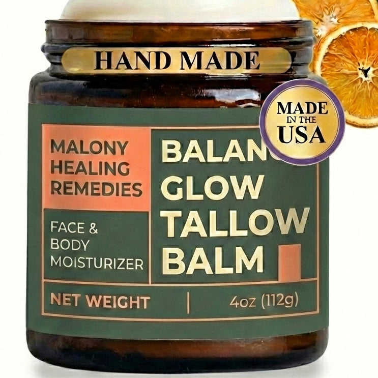 Jar of Balan Glow Tallow Balm with oranges and leaves on a white background