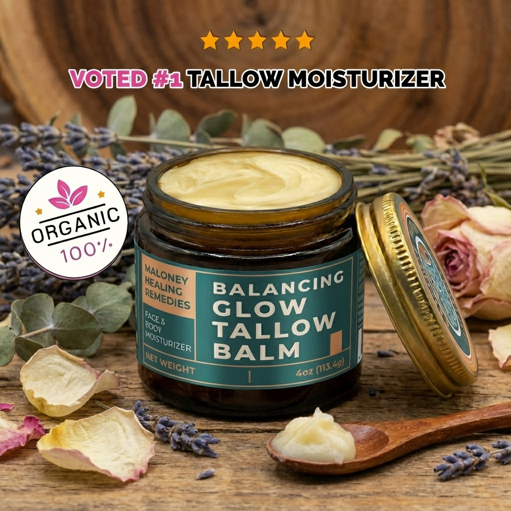 Balancing Glow Tallow Balm jar with lavender and rose petals on a wooden surface