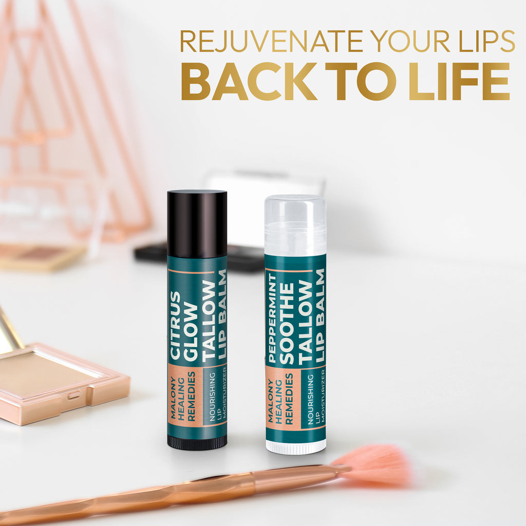 Two lip balms, one labeled 'Citrus Glow' and the other 'Peppermint Soothe', with a background that includes a wooden stick and a compact case, with the text 'REJUVENATE YOUR LIPS BACK TO LIFE'.