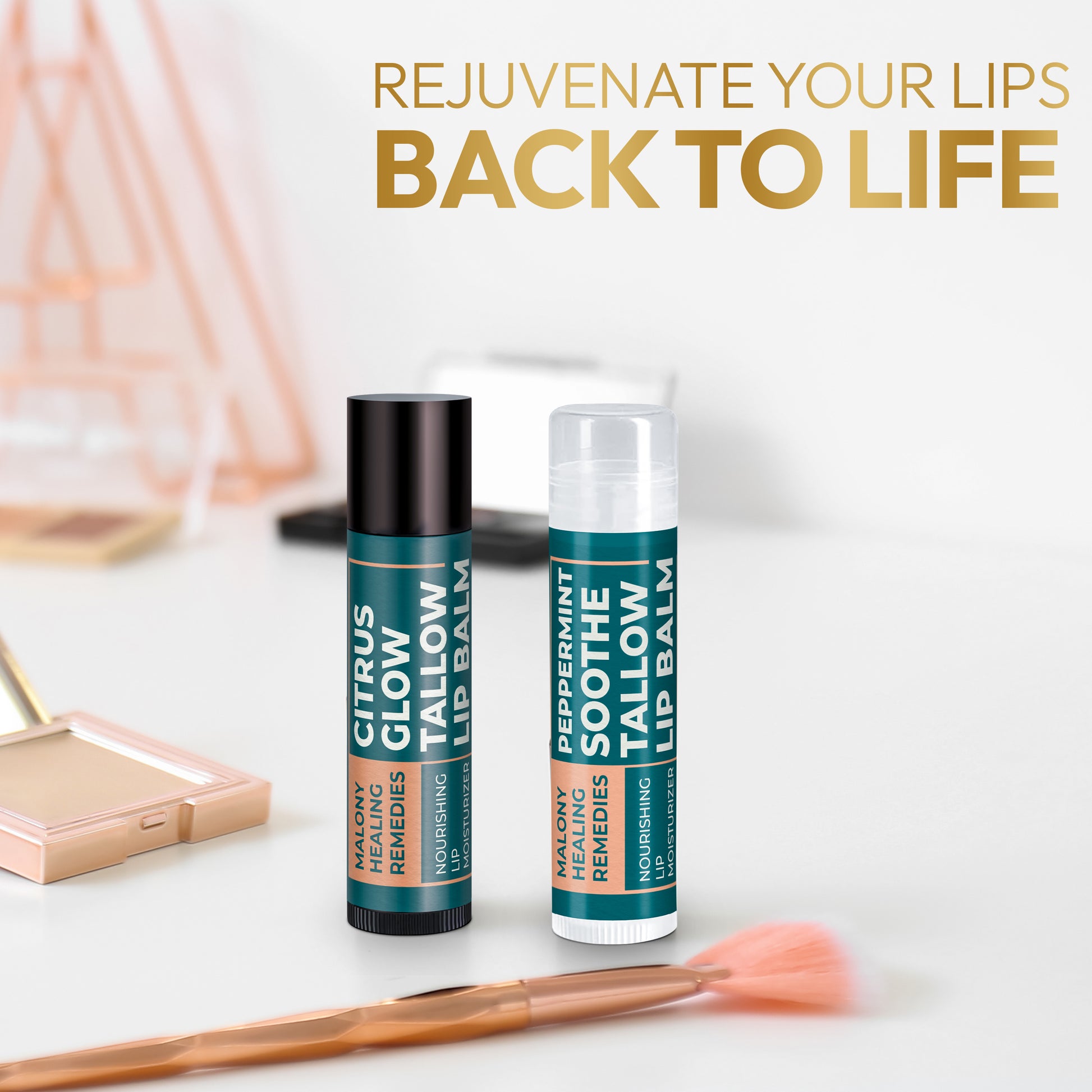 Two lip balms, one labeled 'Citrus Glow' and the other 'Peppermint Soothe', with a background that includes a wooden stick and a compact case, with the text 'REJUVENATE YOUR LIPS BACK TO LIFE'.