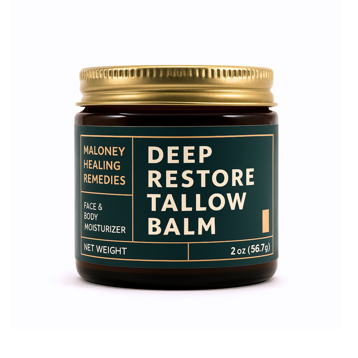 Front-facing image of Maloney Healing Remedies Deep Restore Tallow Balm in an amber glass jar with gold lid and dark green label; an organic beef tallow moisturizer for face and body, designed for deep skin repair and hydration.
