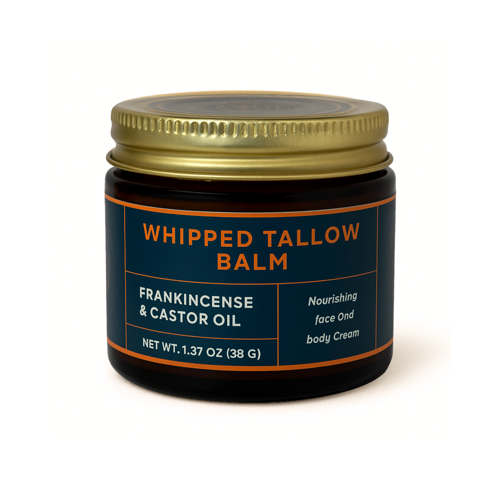 Amber glass jar labeled “Whipped Tallow Balm” with frankincense and castor oil, designed for nourishing face and body care. An effective option using beef tallow for face and body skincare.
