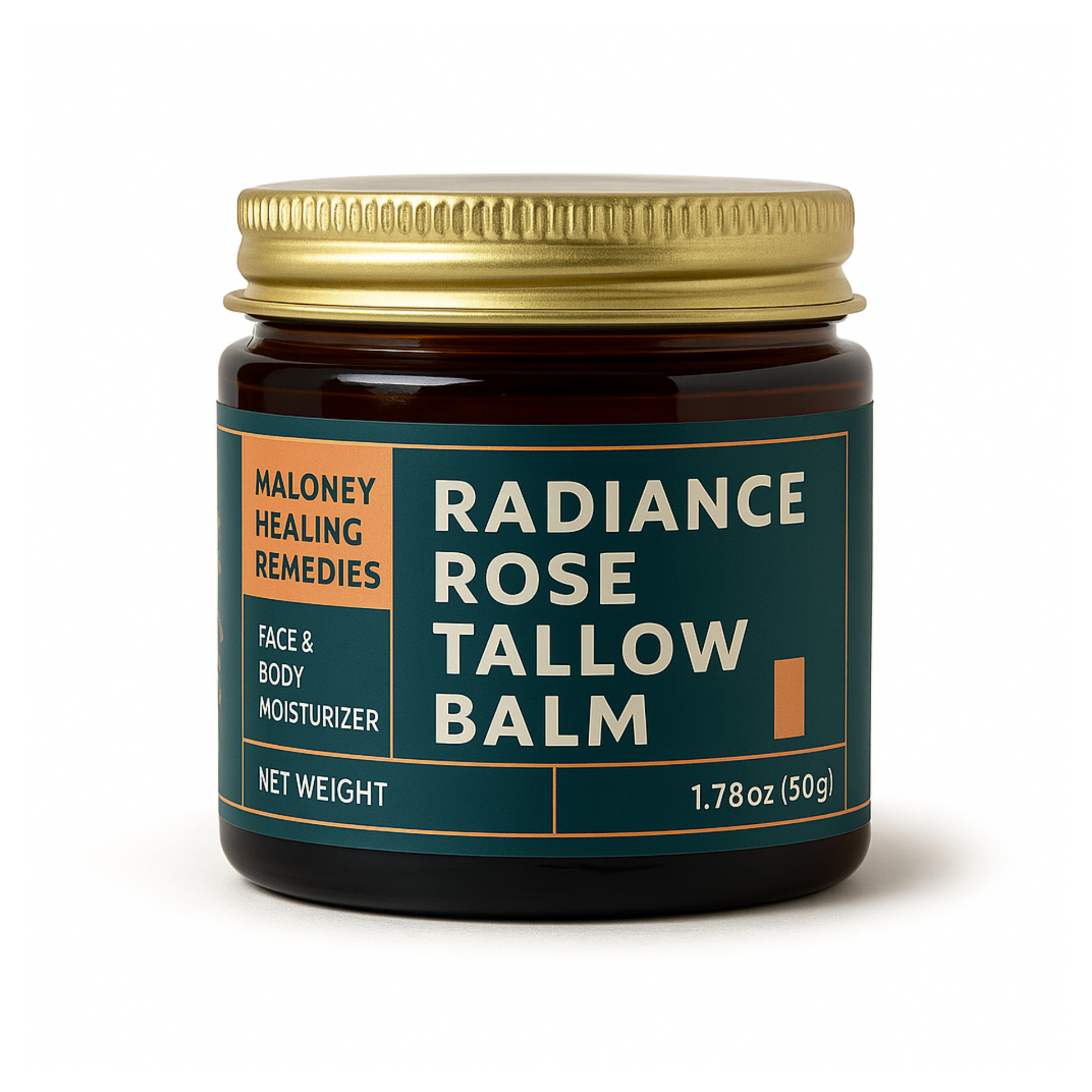 Front-facing image of Maloney Healing Remedies Radiance Rose Tallow Balm in an amber glass jar with a gold lid and a clean teal, orange, and white label. Designed for moisturizing sensitive skin and enhancing natural radiance.