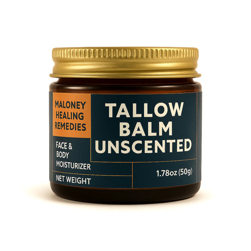 Tallow balm unscented jar with gold lid on a white background